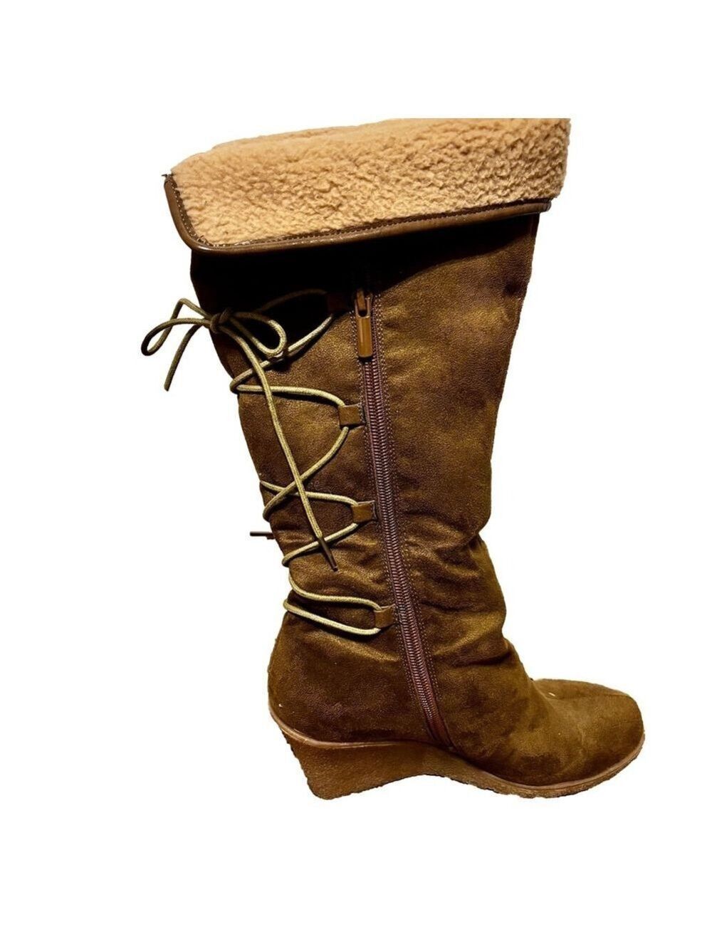 Light Brown Lace Up Zipper Wedge Boots - Picture 7 of 15